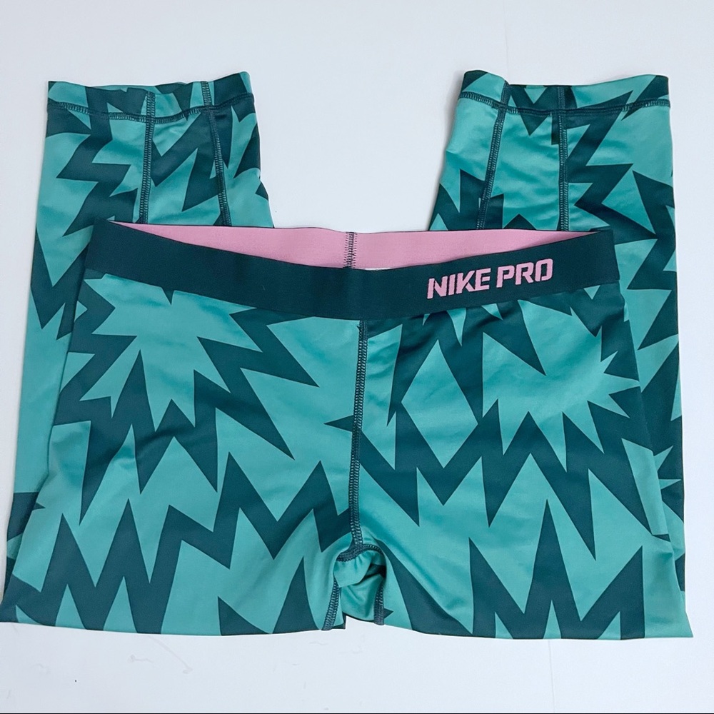 NIKE PRO Capri Leggings Large Green Teal Pattern